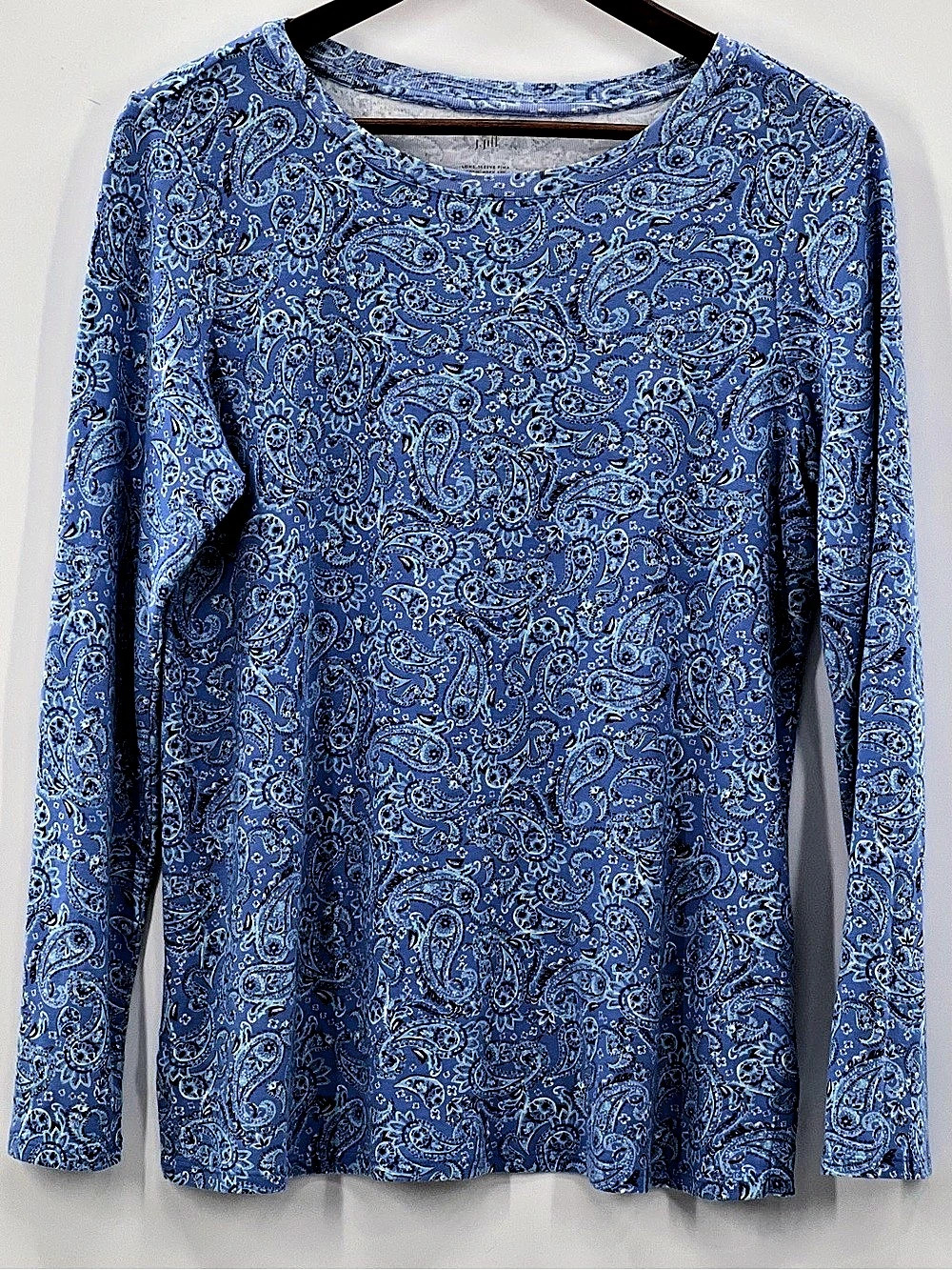 507 J.Jill Size Medium Long-Sleeve Pima Crewneck Tee Paisley Pima Cotton Blue
